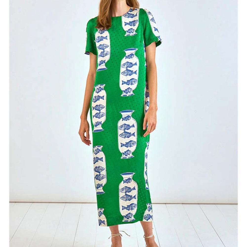 Hunter Bell Valerie Fish Vase Herring Green Silk Midi Dress Polka Dots 4